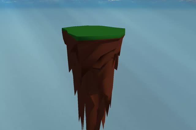 A small floating island with a flat green top and a narrow, tapering rock underside.