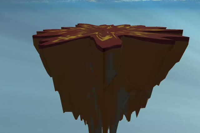 A broad island with a terraced, canyon-cut top and a wide fringe of rock spikes beneath it.