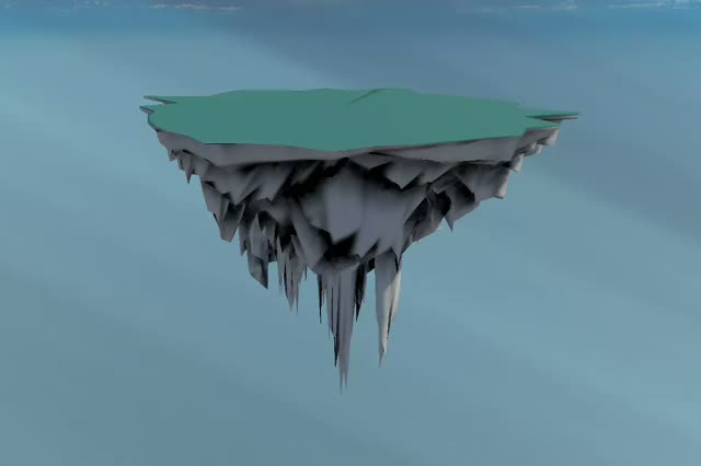 A pale green island over a dense cluster of thin grey stalactites.