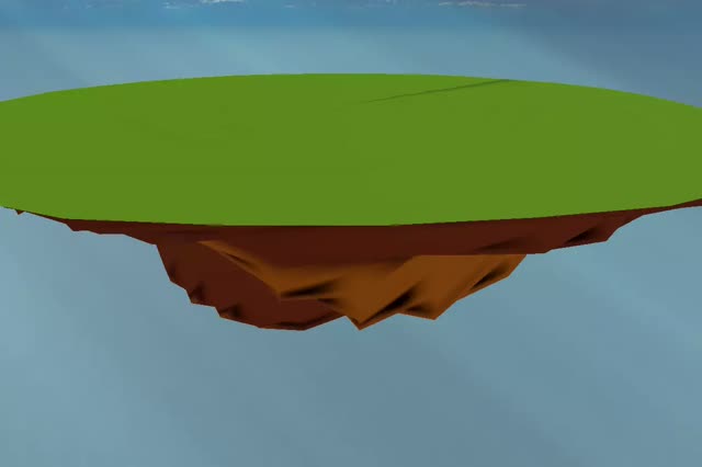 A wide, almost circular island with a large flat meadow on top and a shallow rock base.