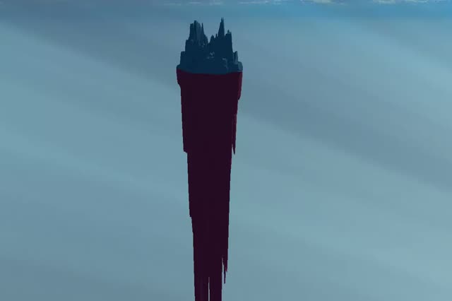 A tall, narrow spire of dark rock with a jagged crown and a long tapering shaft.