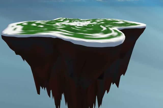 A snow-rimmed island with green ground inside the drift and dark cracked rock below.